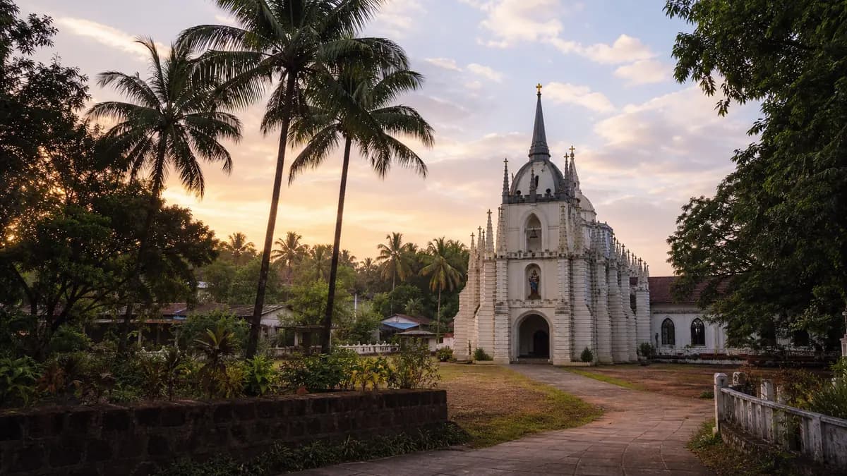 Mae De Deus Church and the village landscape of Saligao at sunrise